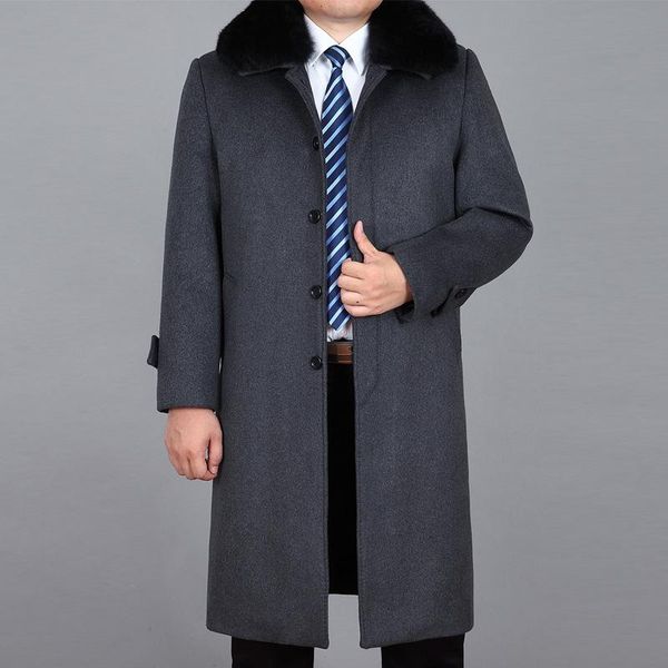 

windbreaker men's medium long woolen coat coat with fur thickening and single breasted windbreaker with fur collar, Black