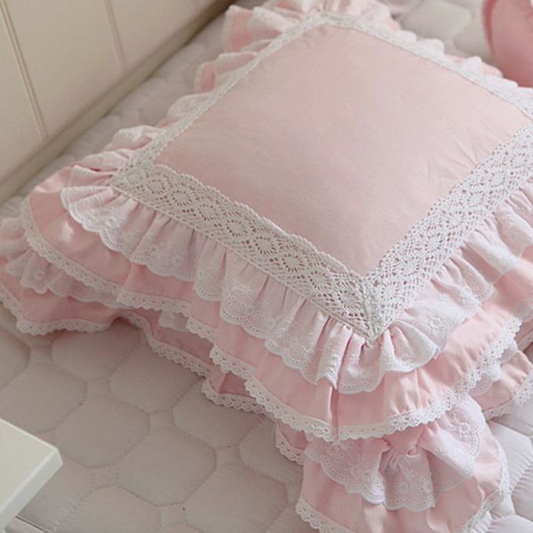 Cor-de-rosa Europeu Europeu Coxim Casa Ruffle Lace Cetim Algodão Travesseiro Capa Handmade Elegante Cama Frlowcase Sofa Coxim 20123