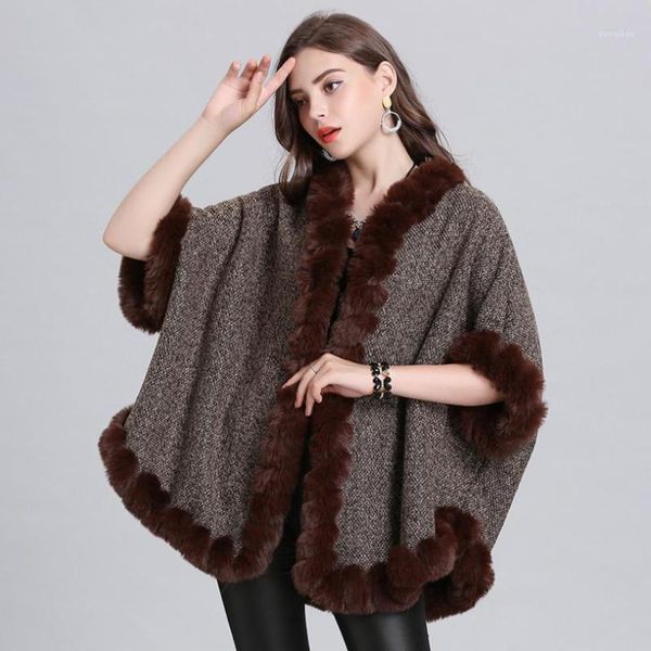 

winter europe new fashon oversize loose imitation fur collar knit coats female bat sleeve cardigan shawl cloak jackets f2101, Black