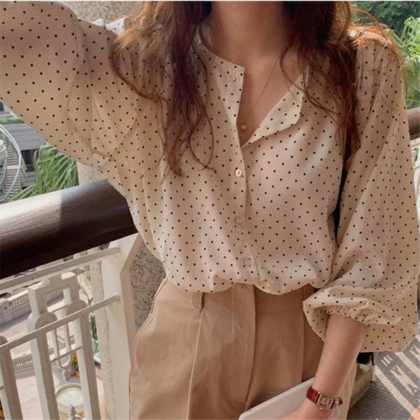 

2020 all match sweet polka dots chic high street vintage o neck brief gentle elegance office lady fresh ol shirts, White