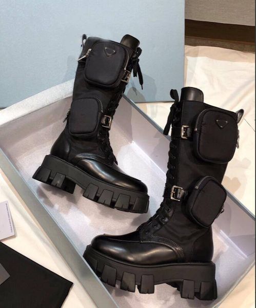 

2023 women casual shoes martin boot monolish boots shiny rois boottom leather nylon ankle combat for ladies strap with removable nylon pouch, Black