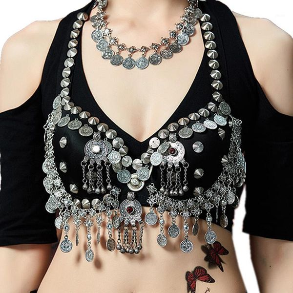 

women dancewear silver chain metallic studs bra b/c cup vintage coins bra gypsy dance tribal belly dance1, Black;red