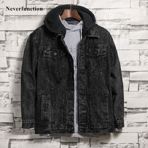 Мужчины осень зима ретро снежинка мыть черный с капюшоном джинсовая куртка уличная одежда мотоцикл случайные джинсовые куртки верхняя одежда 201130