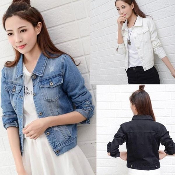 

2020 women plus size 2xl short basic jeans jacket coat full sleeves single breast slim women denim jacket1, Black;brown