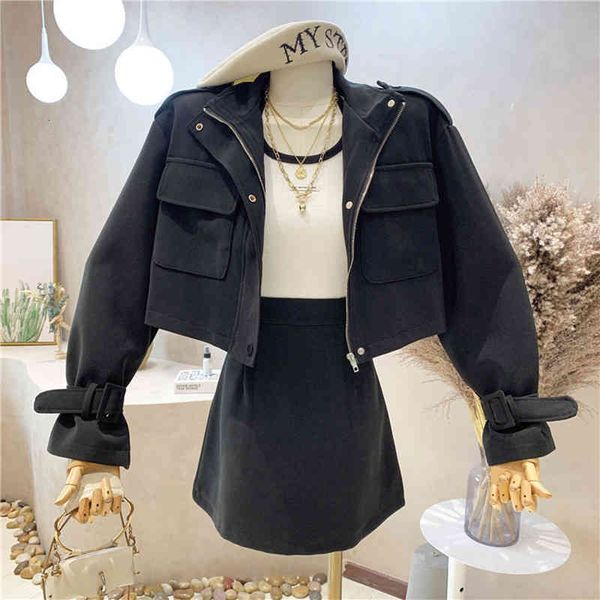 

two piece dress niche design women's clothing autumn tooling jacket short coat + high waist a-line skirt fashion set dki3, White