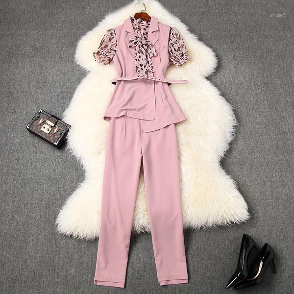 

women cargo pants and set summer 2020 office lady vest + leopard bow collar puff sleeve chiffon blouse + vest 3 piece outfit1, White