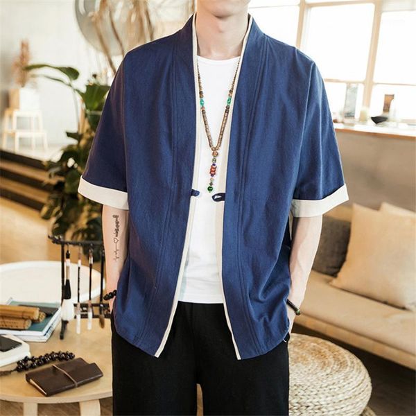 

2019 linen half sleeve traditional shirt man chinese style retro spring outfits coat male loose single button japanese kimono1, Black;brown
