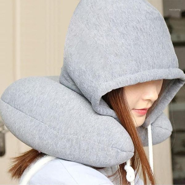 

pillow body neck solid grey nap cotton particle soft hooded u-pillow textile home airplane car travel1