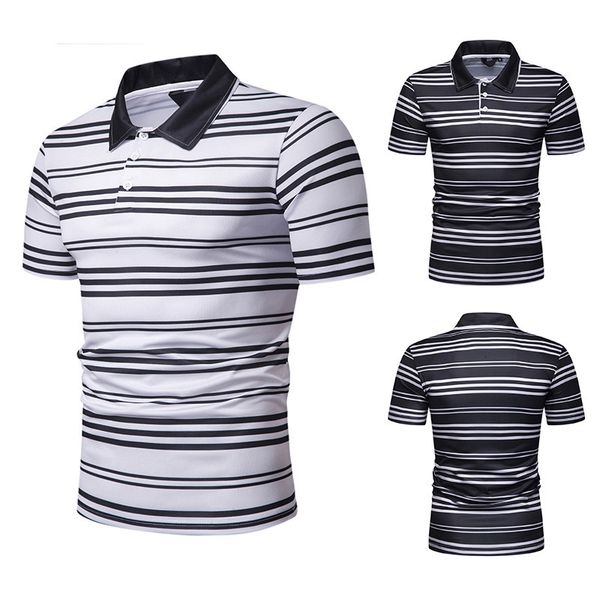 

new summer short sleeve polo shirt men's contrast stripe slim lapel casual t-shirt pl60, White;black