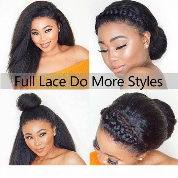 

kinky straight wig hd glueless full lace human hair wigs for women 30 inch full lace wig fake scalp 250 density wig, Black;brown