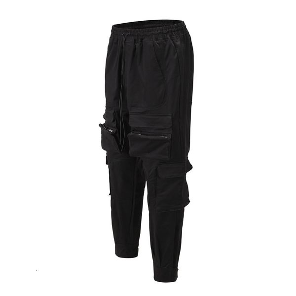 

american street style lace up elastic straight tube loose tooling multi pocket pants, Black