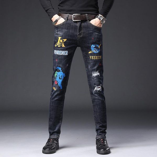 

men autumn jeans men cool trend with holes printed drilling casual slim fit pants, Blue