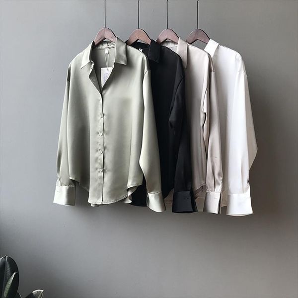 

2020 new chic casual loose poplin shirt female temperamen silk blouse shirt women elegant korean solid color oversize top, White