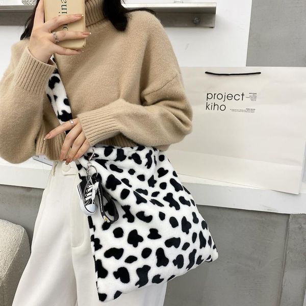 

cross body large capacity cow pattern shoulder bag women soft plush messenger autumn winter fluffy handbag travel purse sac a main