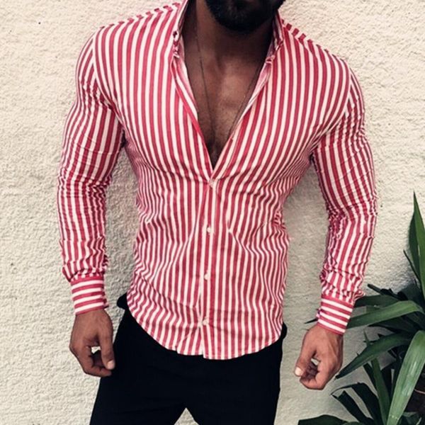 

2020 men's long sleeve shirts fashion leisure male stripe printed shirts men's stylish slim clothing for men homme top, White;black