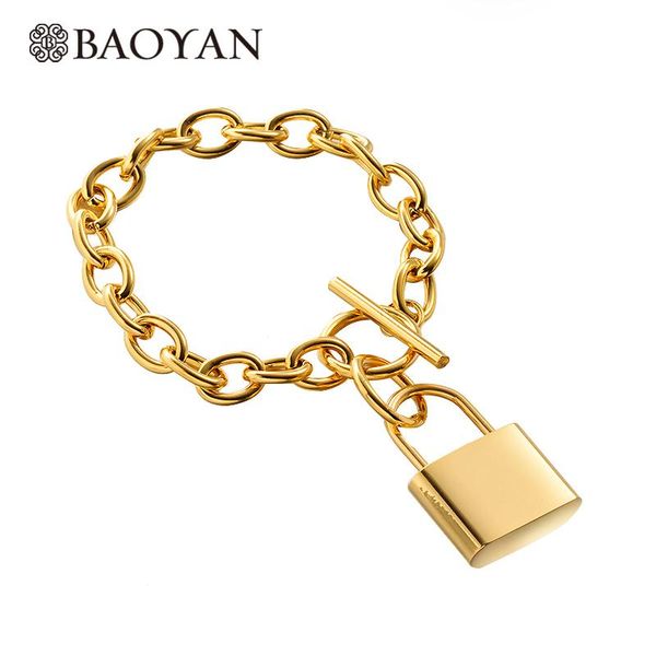 

baoyan fashion gold plating lock charm bracelets for lover couples punk gold stainless steel link chain bracelets for women men, Black