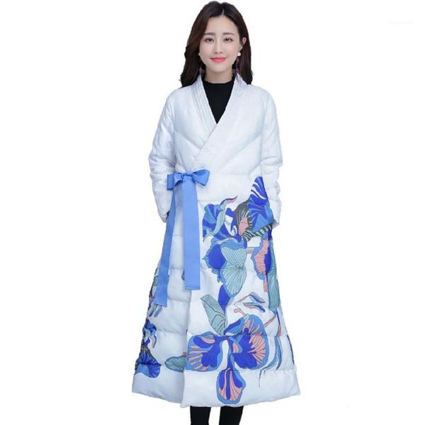 

rlyaeiz women winter coats 2019 chinese style fashion floral printed winter down jackets women parka thick warm long overcoat1, Black