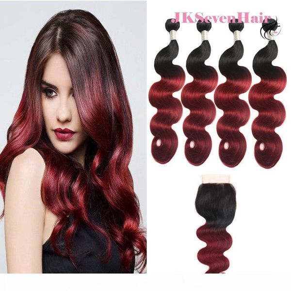 

ombre two tone burgundy body wave brazilian human hair 4pcs with 4x4inch lace closure 1b burgundy peruvian malaysian indian hair w closure, Black