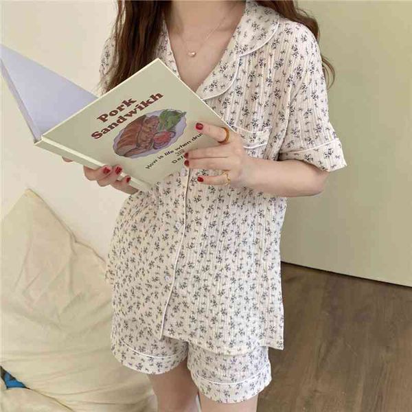

fashion floral print pajamas set women sleepwear 2 piece set summer homewear sleeve elastic waist shorts suit y540, Black;red