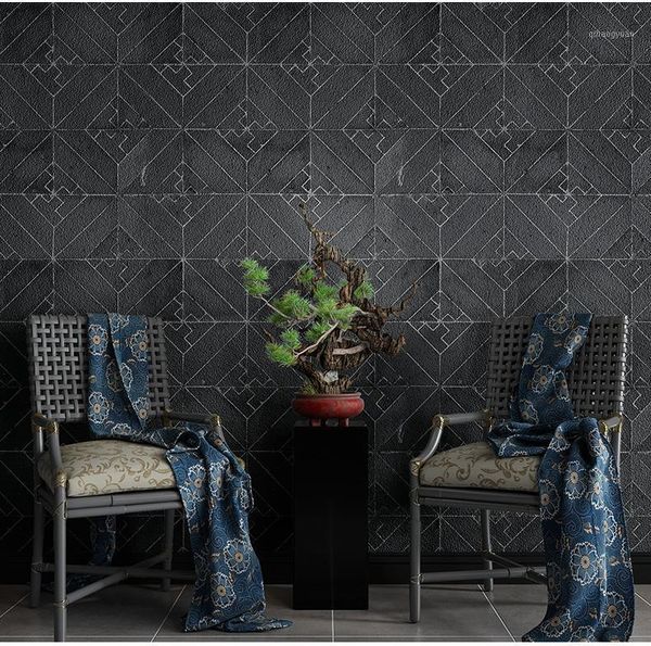 

new chinese style vintage black gray brick stone wallpaper embossed restaurant l living room geometric wall paper roll1