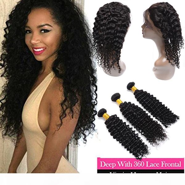 

360 lace frontal with bundles indian deep wave virgin hair deep wave with closure 360 frontal with bundles wholesale price, Black;brown