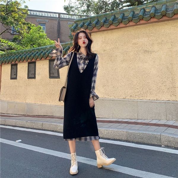 

new big size female mode trellis collar fashion temperament versatile sweet sleeves dressed as two pieces tsqx, Black;gray