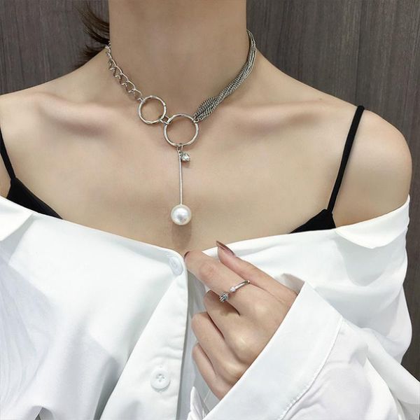 

korean fashion jewelry personality buckle pearl necklace simple statement female luxury clavicle chain necklace, Silver
