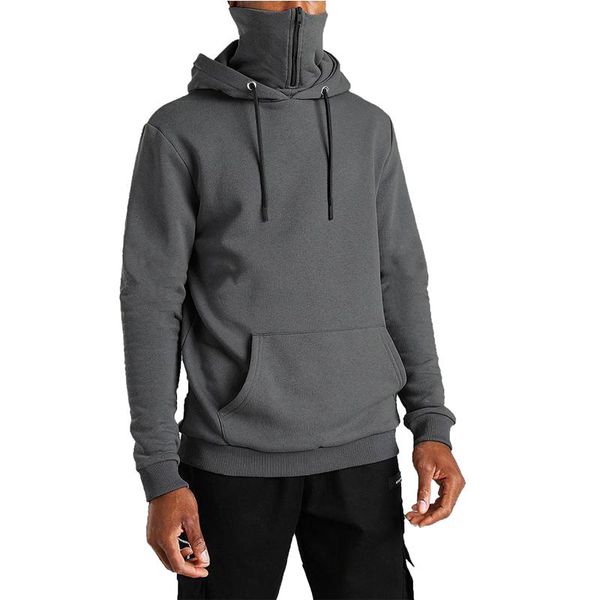 

pure color slim mens hoodies mask button sports hooded splice large open-forked male long sleeve shirts pullovers, Black
