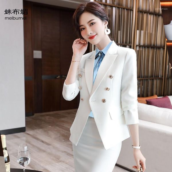 

two piece dress double-breasted small blazer jacket spring and autumn temperament women's suits1, White