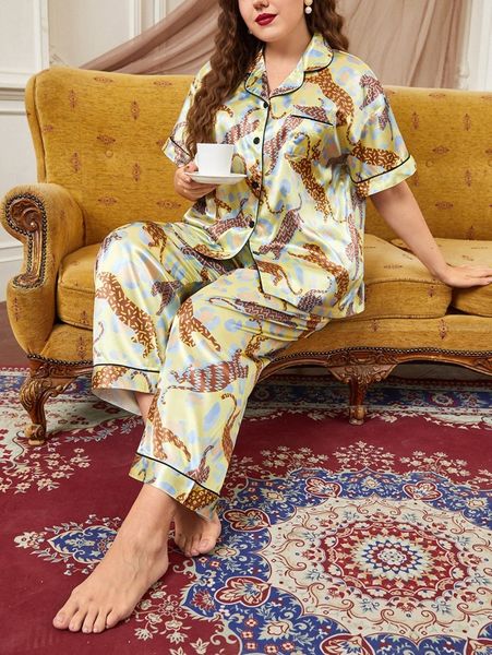 

plus leopard print contrast piping satin pj set r5r5#, Black;white