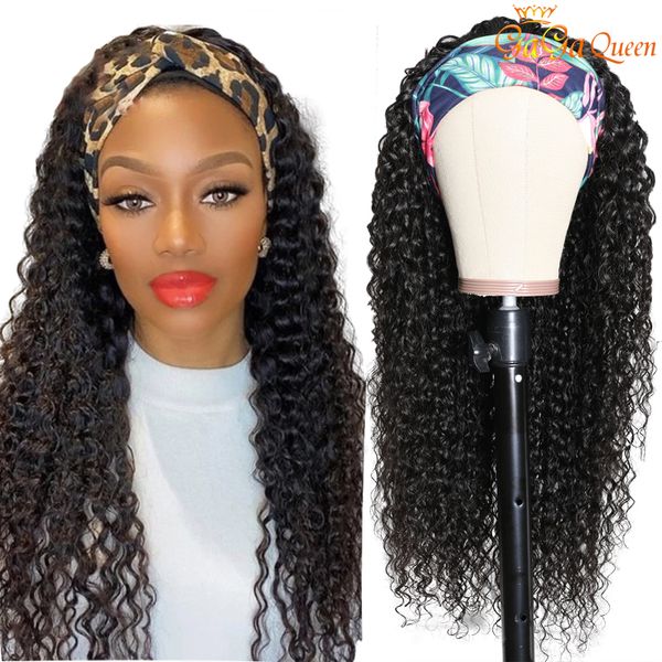 

deep wave wig natural color headband wig scarf wig 150% density brazilian water wave human hair wigs for women, Black;brown