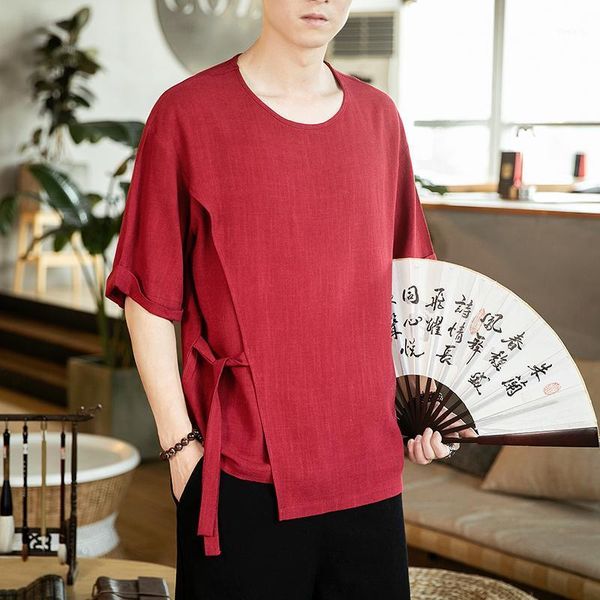 

men linen shirts short sleeve chinese style round collar traditional tang casual social shirt plus size -4xl 5xl1, Red