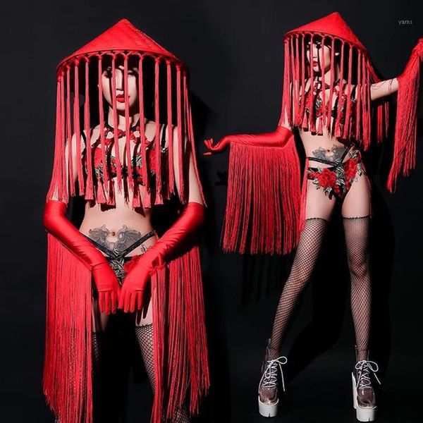 

stage costumes female red flower embroidery rose tassel gloves for women dj clothing bar bikini nightclub ds pole dance clothes1, Black;red