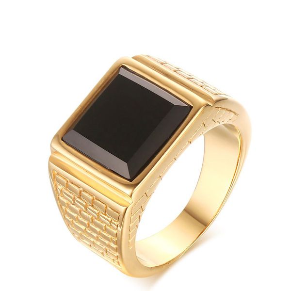 

stainless steel retro inlaid black agate men's domineering rings exquisite rectangle gem geometric figure ring jewelry, Golden;silver