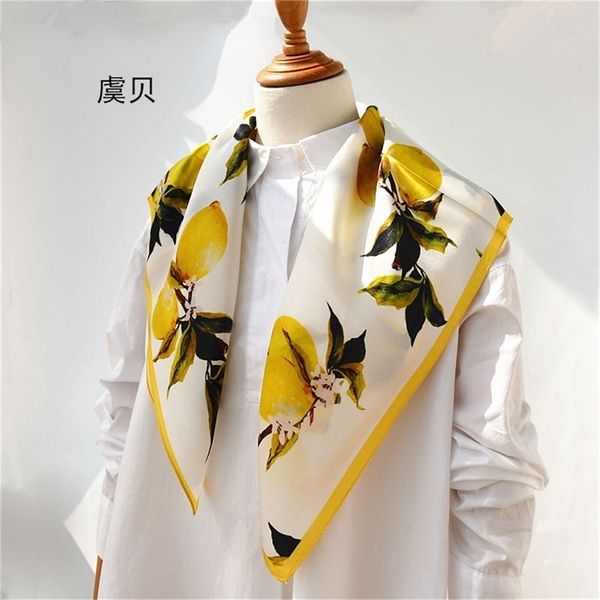 

chinese natural scarf lemon painting women 100% real silk bandana medium square fashion wrap hijab shawl gift for lady y201024, Blue;gray
