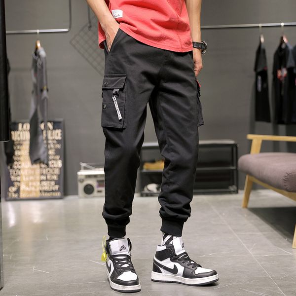 

summer ankle-length male multi-pockets black cargo pants thin corridors streetwear