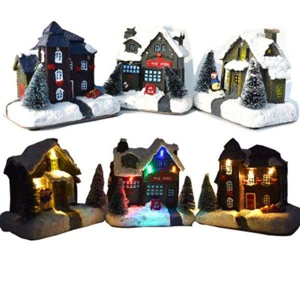 Schneehäuser mit bunt blinkendem LED-Licht, Dekoration für Zuhause, Neujahr, Kindergeschenk, Harz, Weihnachtsszene, Dorf Y201020