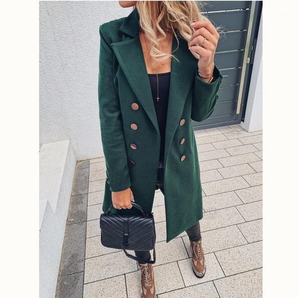 

autumn winter long coat foe women lapel double button woolen coats office ladies wool solid overcoat fashion slim outerwear1, Black