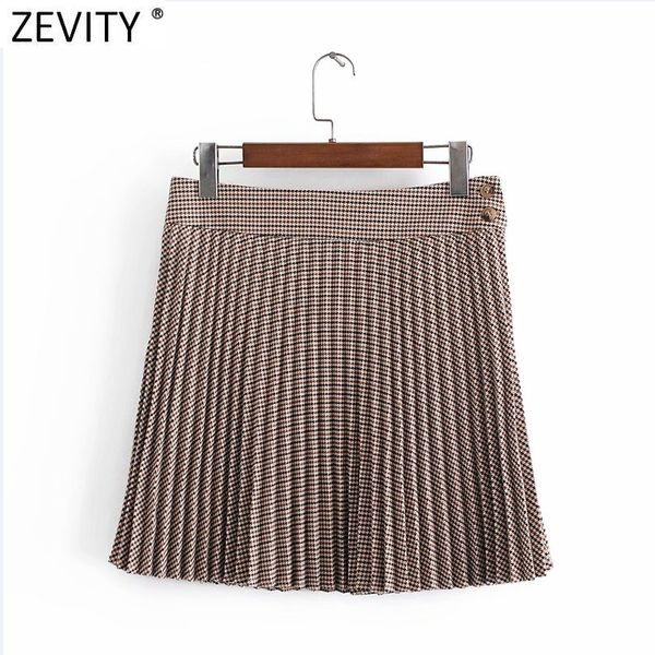 

zevity new women vintage houndstooth print pleated mini skirt faldas mujer female buttons side zipper casual retro skirts qun717 y1214, Black