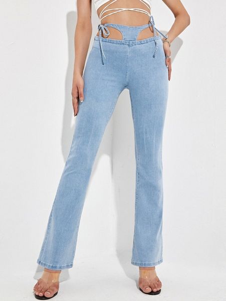 

cut out tie side boot-cut leg jeans b858#, Blue