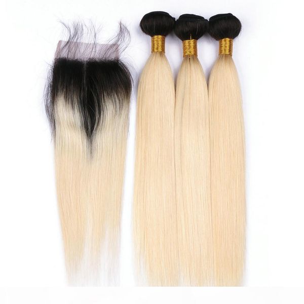 

блондинки омбре девственницы пакета волос 3шт с верхним закрытием прямые # 1b 613 темные корневые омбурмо-бразильские человеческие волосы пл, Black;brown