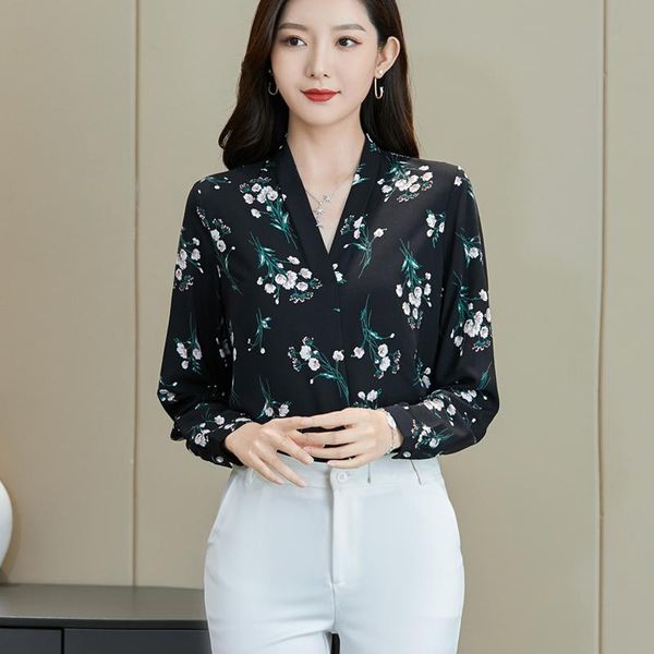 

5xl women shirts 2020 feminine blouse long sleeve v-neck casual turn-down collar style women loose blouses, White