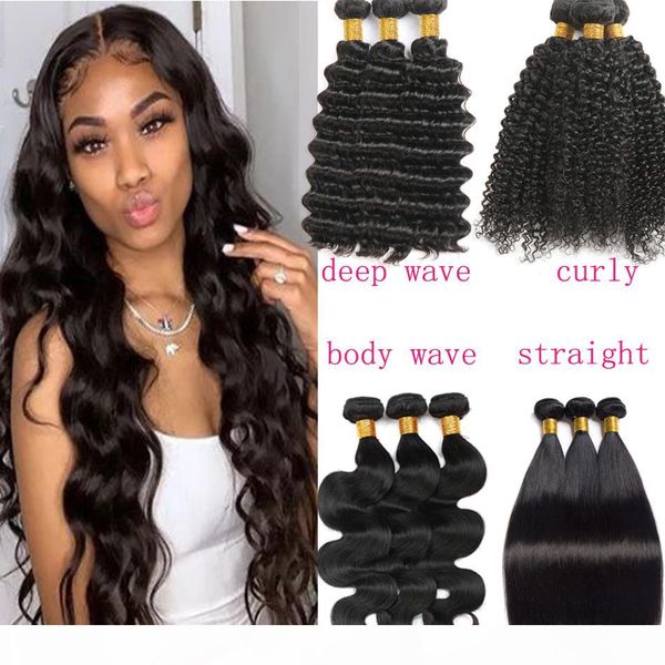 

3 bundles 8-28 inch brazilian virgin remy human hair deep wave straight kinky curly body wave straight natural color can be dyed, Black