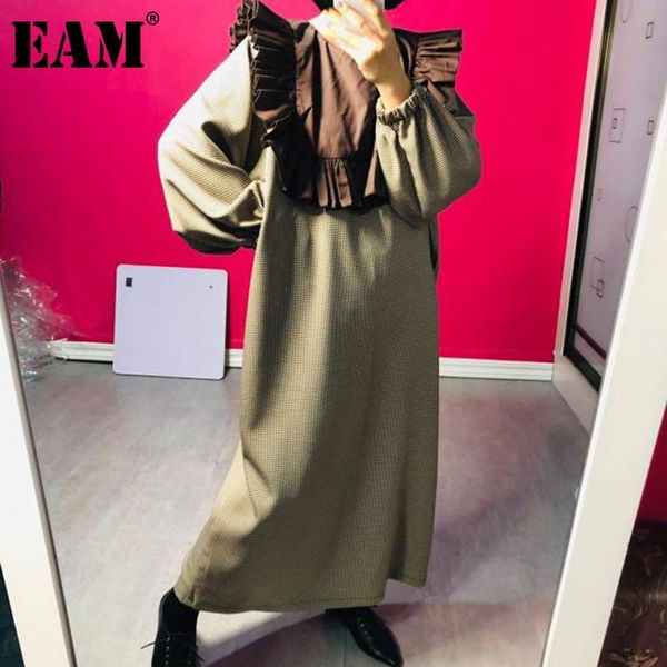 

eam] women gray plaid ruffles big size long dress new round neck long sleeve loose fit fashion tide spring autumn 2020 1dc433, Black;gray