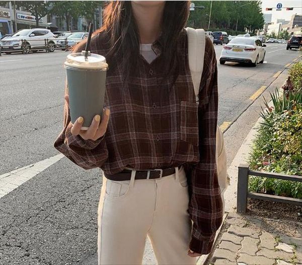 

new vintage cotton plaid shirt female oversize women long sleeve girls blouse plus size autumn women blouses femme blusas, White