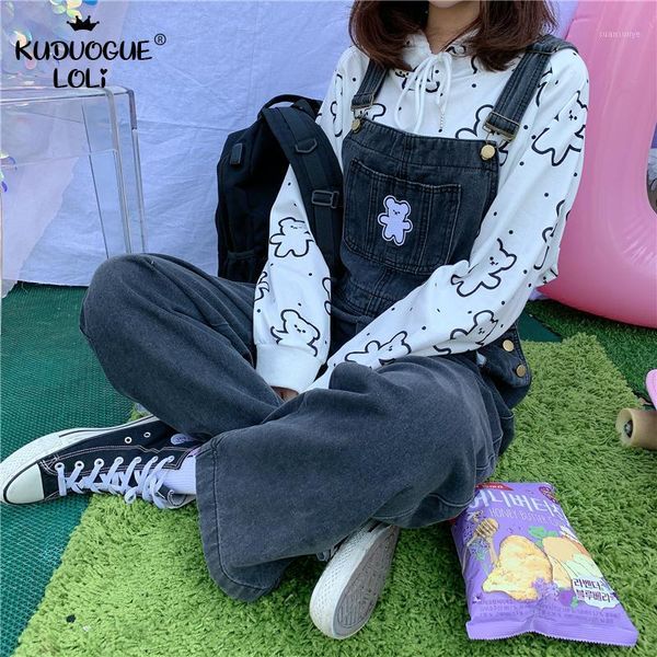 

vintage style cute women's suspender straps jumpsuit straight trousers lovely bear embroidery overall student girl loose pants1, Black;white