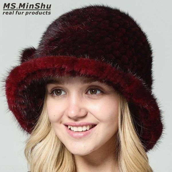 Ms.MinShu Genuino cappello di pelliccia di visone lavorato a mano 100% vera pelliccia di visone berretto invernale cappello caldo moda donna berretto cappello da donna Y201024