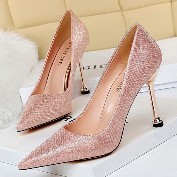 

2020 luxury fall 9.5cm high heels female sparkly pink tacon pumps stripper scarpins wedding shoes ahn6, Black