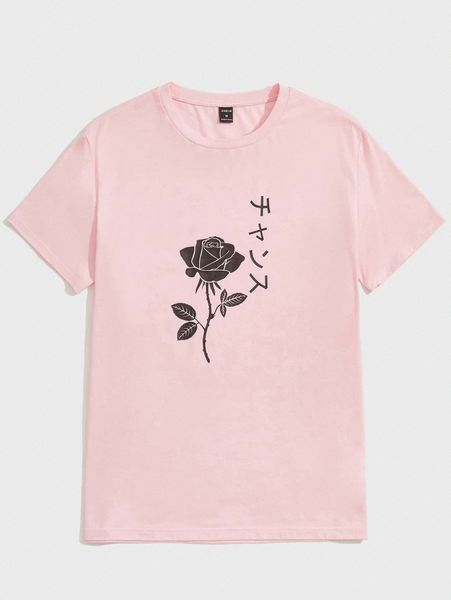 

men floral and japanese letter graphic tee x4t8#, White;black
