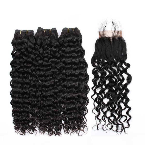 

water wave bundles with closure 3 bundles deals human hair with closure remy brazilian hair water wave wet with lace closure natural black, Black;brown